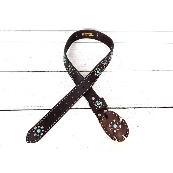 Brown silver studded faux leather western buckle belt - Picture 6 of 7